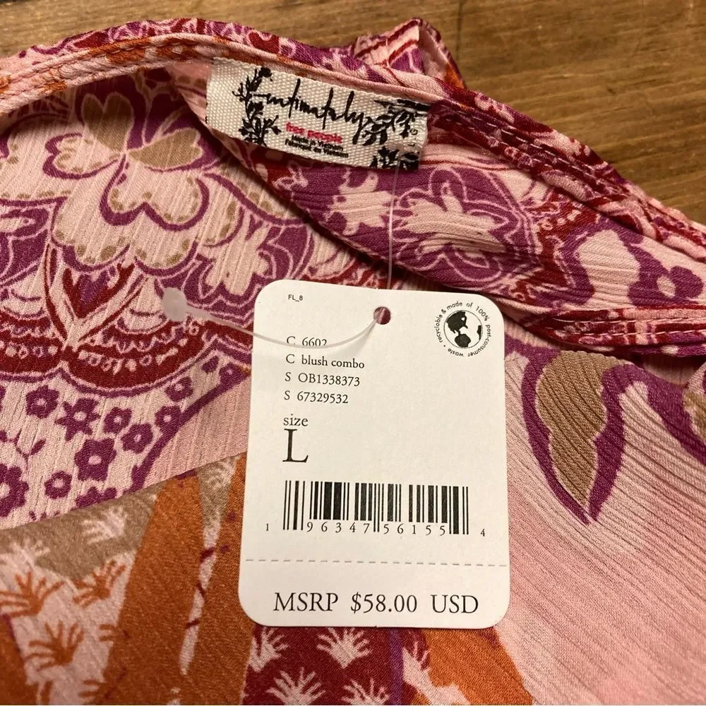 Free People Weekend In Montauk Tank Top Large Smocked Crop Tie Strap NWT Pink